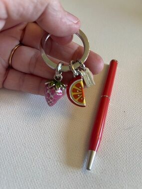 Coach Fruit Charm Keychain with Strawberry & Orange Slice Charms and Coach Pen